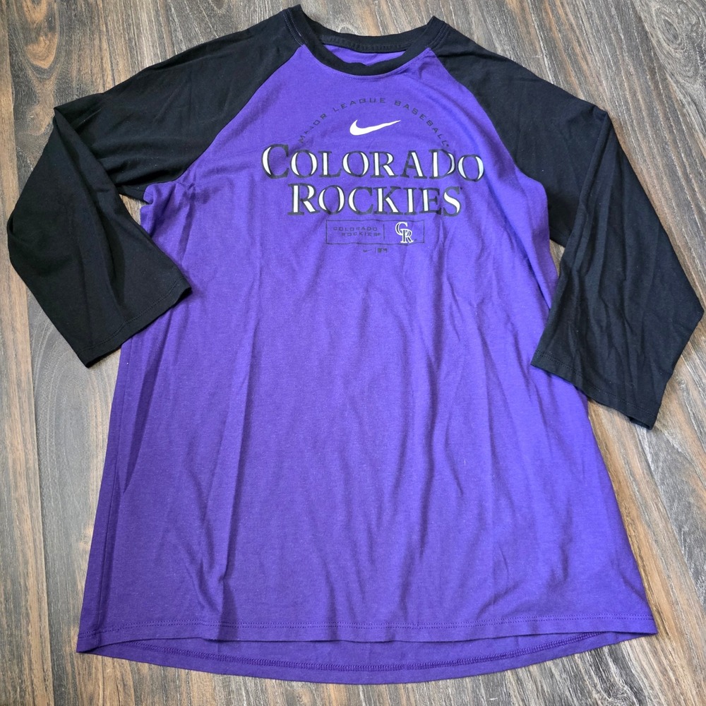 Nike Colorado Rockies MLB Raglan Baseball Tee Purple Black 3/4 Sleeve Mens M